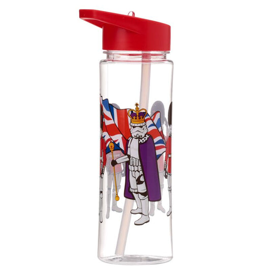 Reusable shatterproof 550ml water bottle with red lid and straw, featuring The Original Stormtrooper London design.