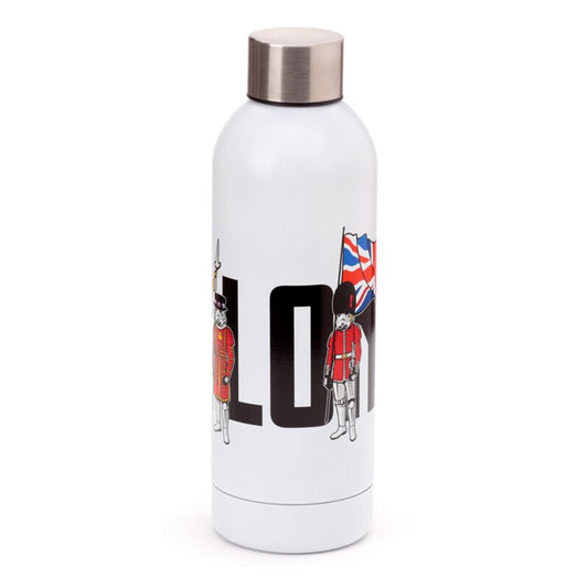 White reusable insulated 530ml bottle with London design, featuring guards and Union Jack flag.