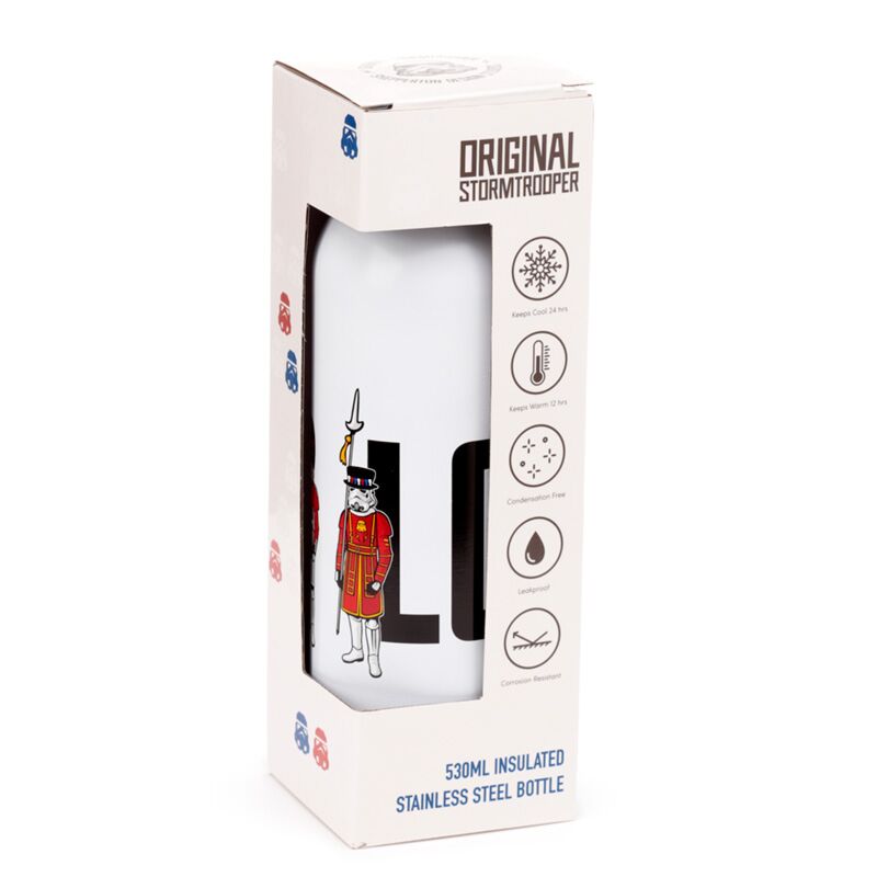 Reusable insulated 530ml stainless steel bottle, Original Stormtrooper London, boxed with Stormtrooper illustration.