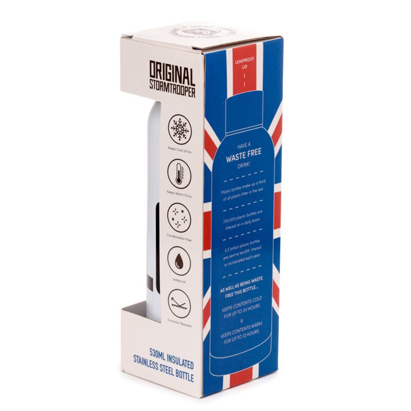 Original Stormtrooper London 530ml insulated stainless steel bottle in Union Jack packaging box.