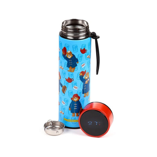 Paddington Bear reusable insulated drinks bottle with digital thermometer and red lid.