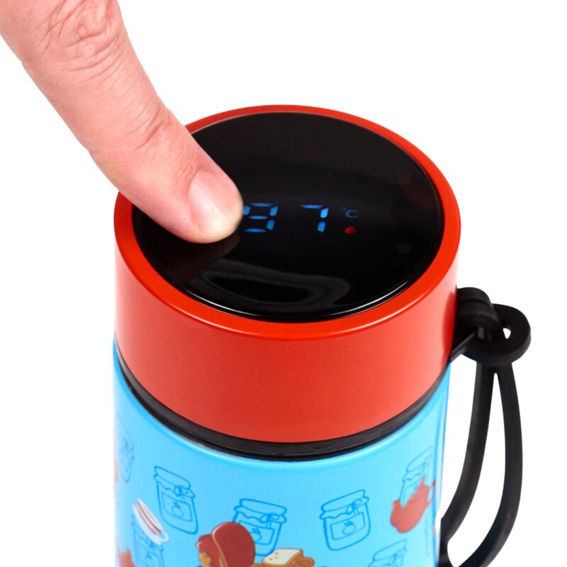 Reusable insulated drinks bottle featuring Paddington Bear with a digital thermometer display on the lid