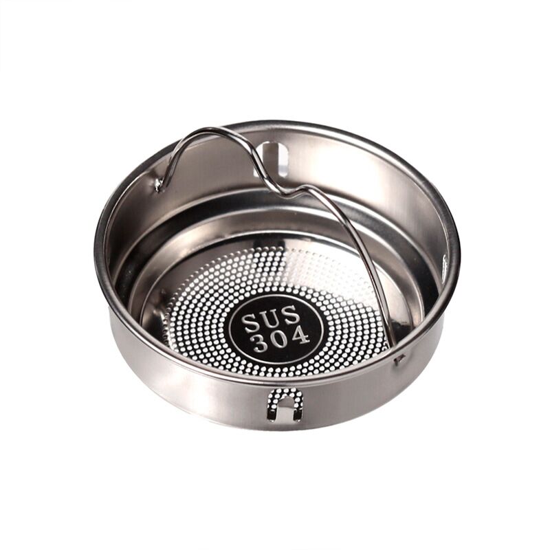 Stainless steel round steamer basket insert with a lifting handle and perforated base.