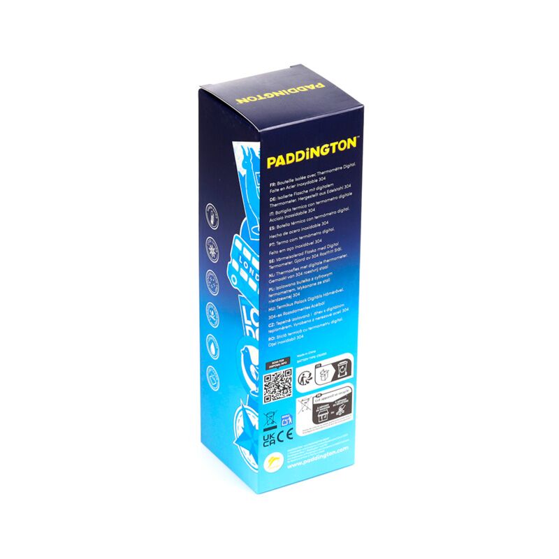 Paddington Bear reusable insulated drinks bottle with digital thermometer packaging in blue box.