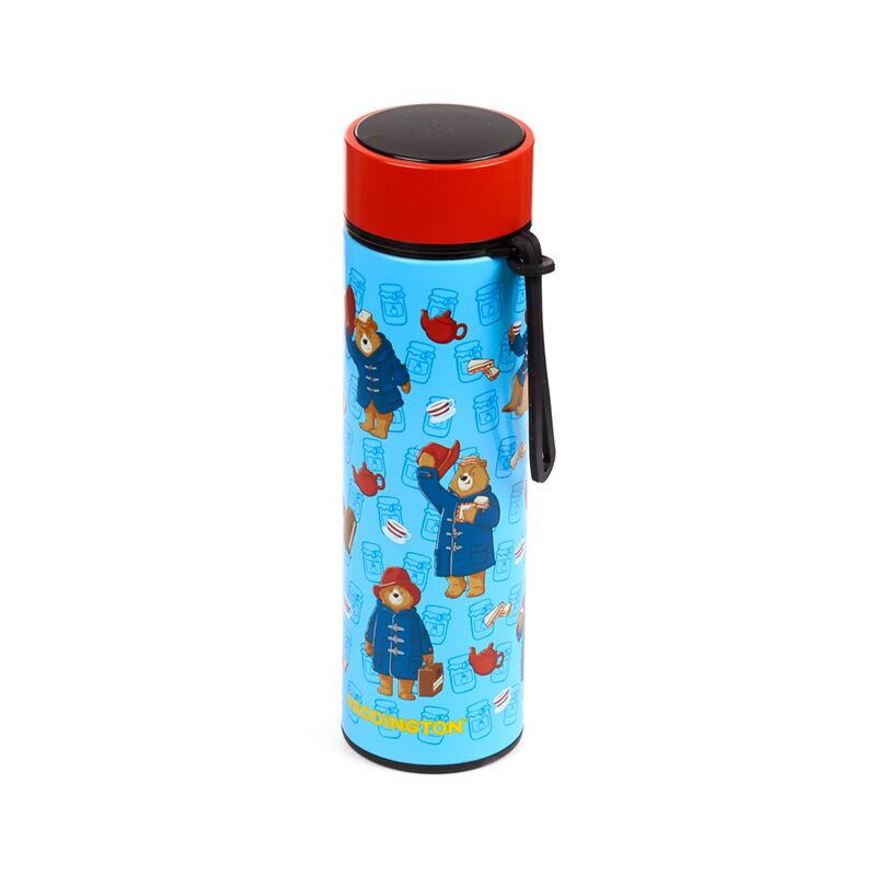 Paddington Bear print reusable insulated drinks bottle with red cap, blue body and strap.