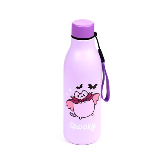 Purple reusable insulated drinks bottle 500ml featuring Pusheen the Cat Halloween design with strap.