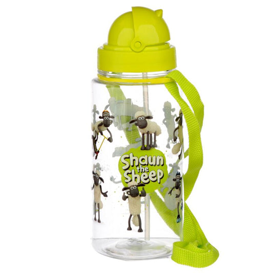 Licensed Shaun the Sheep 450ml children's water bottle with lime-green lid and strap
