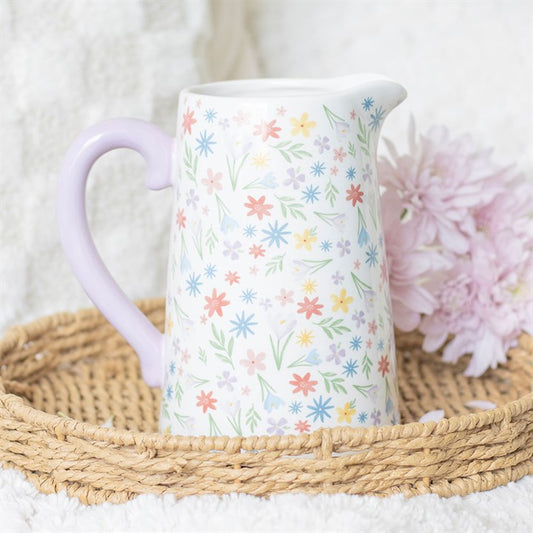 Charming Spring Floral Print Ceramic Flower Jug with vibrant floral pattern, perfect for brightening any table setting.