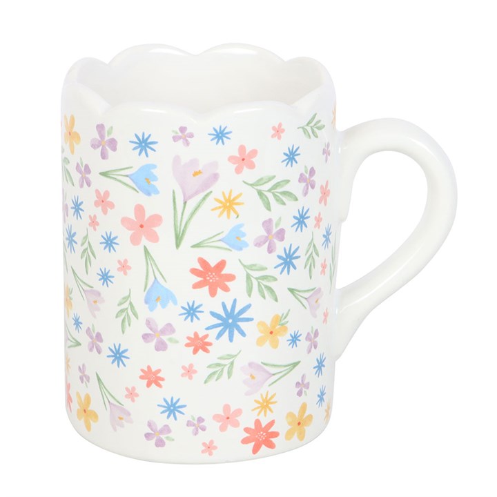 Delicate Spring Floral Print Scalloped Mug featuring soft pastels, perfect for enjoying your morning coffee.
