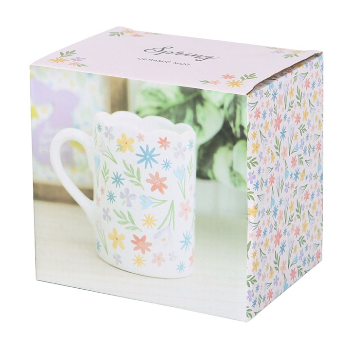 Spring Floral Print Scalloped Mug features delicate flowers in pastel tones, perfect for your morning coffee.