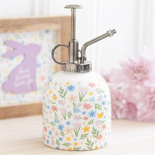 Spring Floral Print Ceramic Plant Mister features a pastel design, perfect for indoor gardening and home decoration.