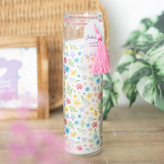 Spring Floral Print Fresh Linen Tube Candle: a tall floral-patterned tube candle with pink tassel.