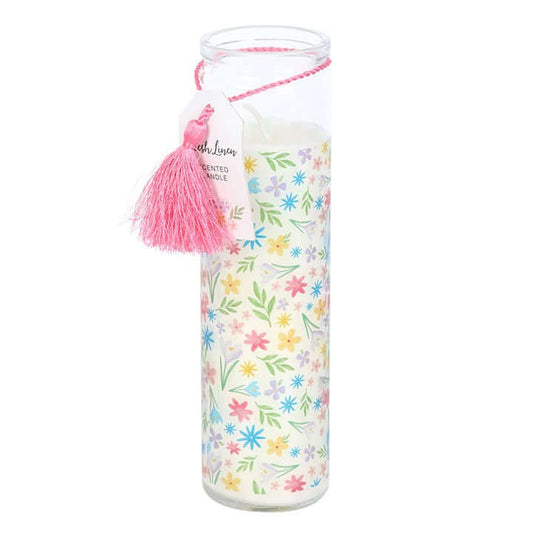 Spring Floral Print Fresh Linen Tube Candle with pastel floral wrap and pink tassel.