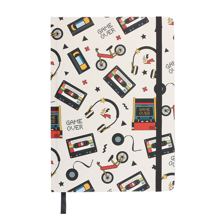 Retro 80s Print A5 Notebook featuring vibrant designs of cassette tapes, bikes, and game controllers for nostalgic notes.