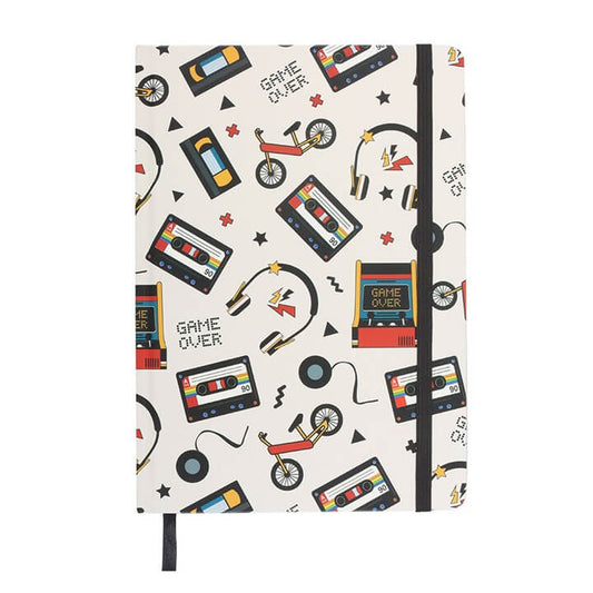 Retro 80s Print A5 Notebook featuring vibrant designs of cassette tapes, bikes, and game controllers for nostalgic notes.