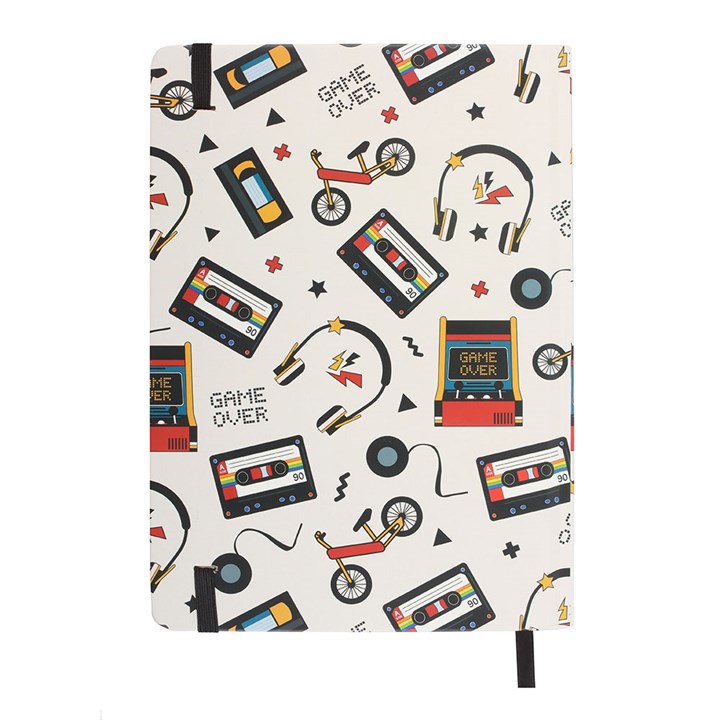 Retro 80s Print A5 Notebook featuring cassette tapes, game controllers, and vintage bikes, perfect for nostalgic notes.