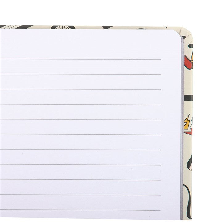 Retro 80s Print A5 Notebook features nostalgic designs of cassette tapes and game controllers, perfect for sketches and notes.