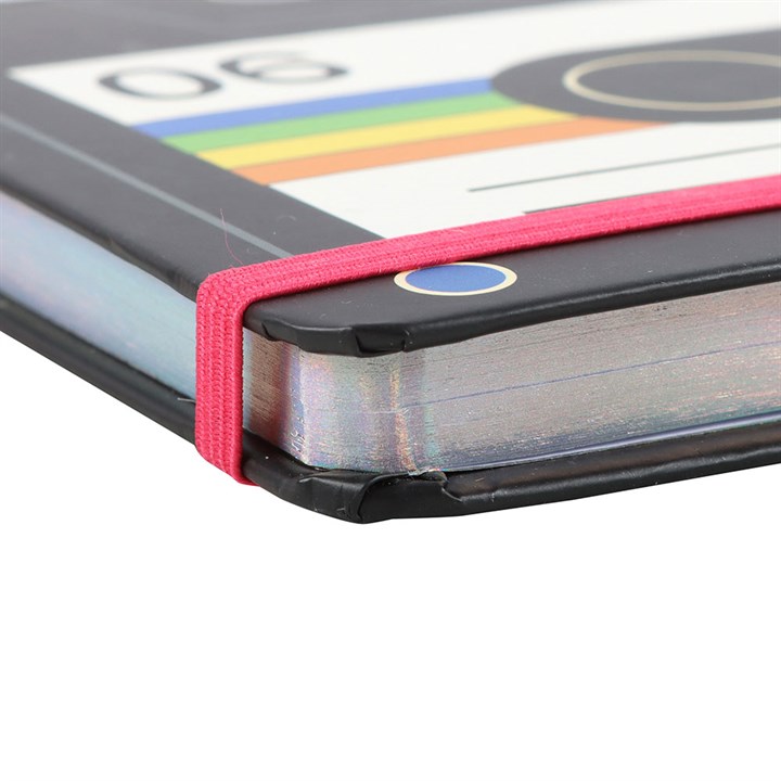 Retro Cassette Tape A5 Notebook with vibrant design and a secure elastic band, perfect for music lovers' notes.