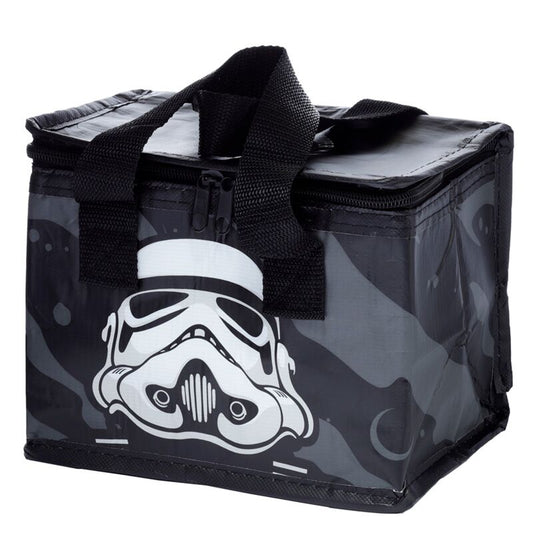 Stormtrooper helmet graphic on black RPET insulated cool bag with handles for eco-friendly food storage