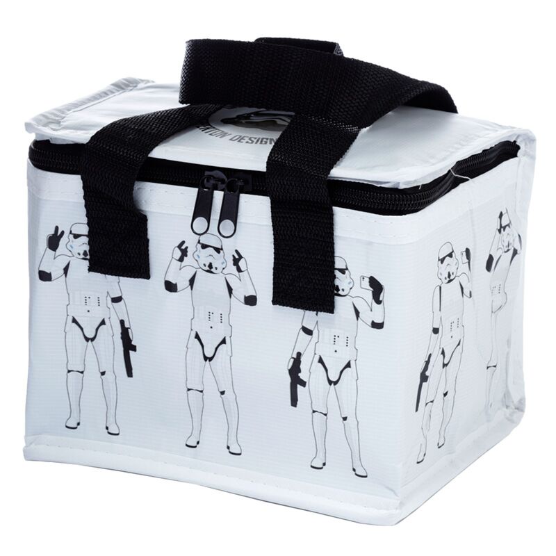 The Original Stormtrooper White RPET Cool Bag with insulated interior, black handles and Stormtrooper prints.