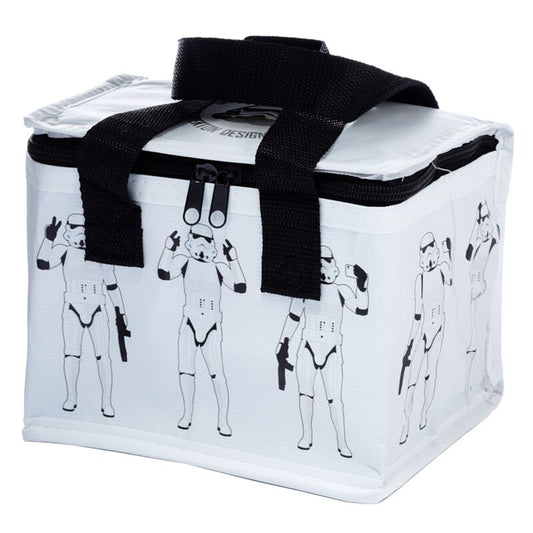 The Original Stormtrooper White RPET Cool Bag with insulated interior, black handles and Stormtrooper prints.