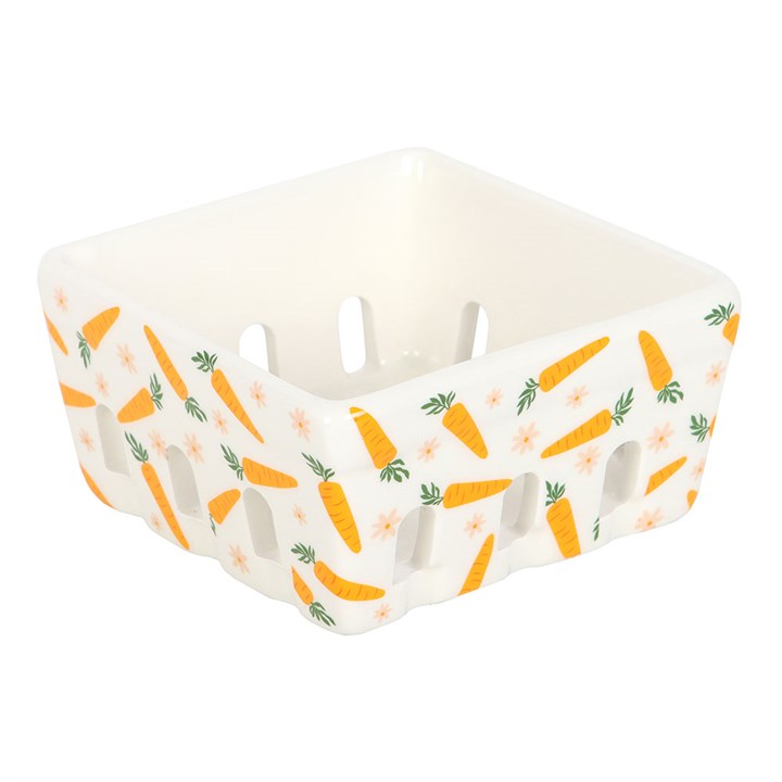 Charming Carrot Patch Ceramic Berry Basket, perfect for organising fresh produce or serving snacks outdoors.