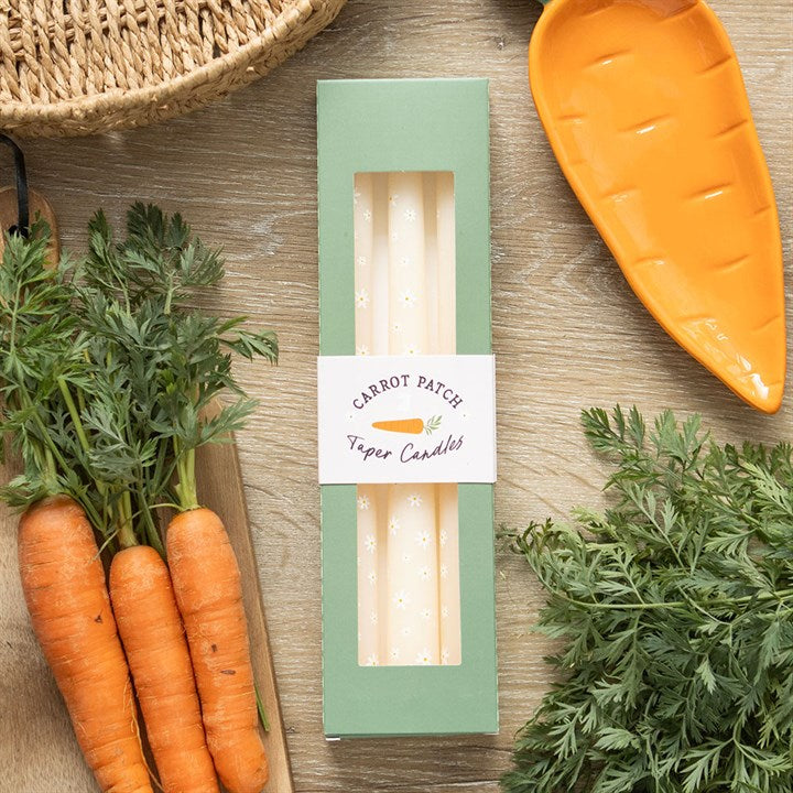 Set of 3 Carrot Patch Daisy Taper Candles unscented add a cheerful touch to spring décor and family gatherings.