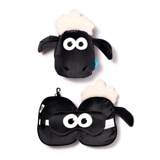 Relaxeazzz Shaun the Sheep travel pillow and eye mask set with plush black sheep head and white wool trim