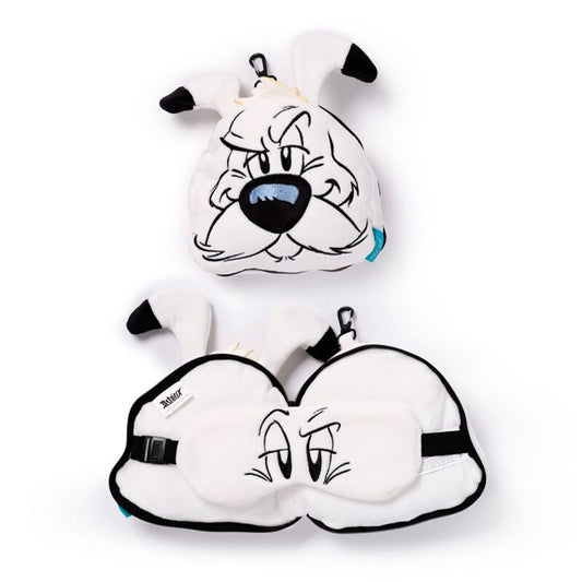 Relaxeazzz travel pillow and eye mask featuring Dogmatix (Idefix) from Asterix for travel comfort.