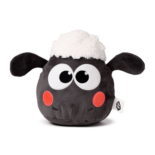 Squidglys Kawaii Shaun the Sheep plush with dark body, white fluffy top, large eyes and pink cheeks.