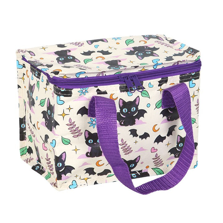 Stylish Cute and Creepy Cat Print Lunch Bag with an all-over black cat design and purple handles, perfect for meals.