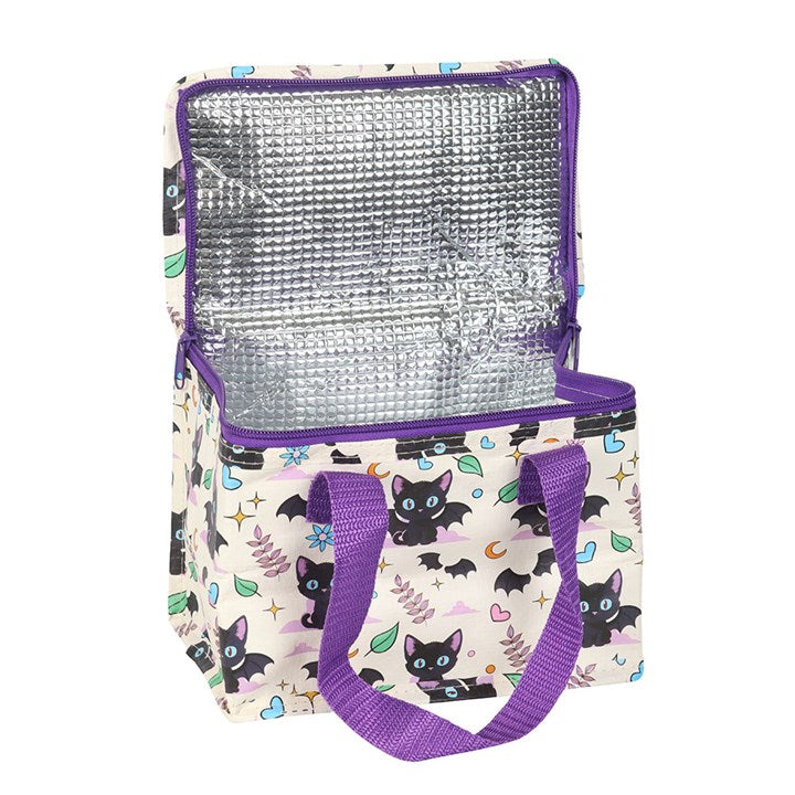 Cute and Creepy Cat Print Lunch Bag with black cat design and purple handles, perfect for stylish, sustainable lunches.