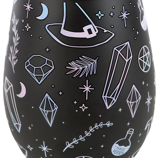 Black crystal magic stemless glass featuring witch hat, crystals, moons and a magic potion bottle.