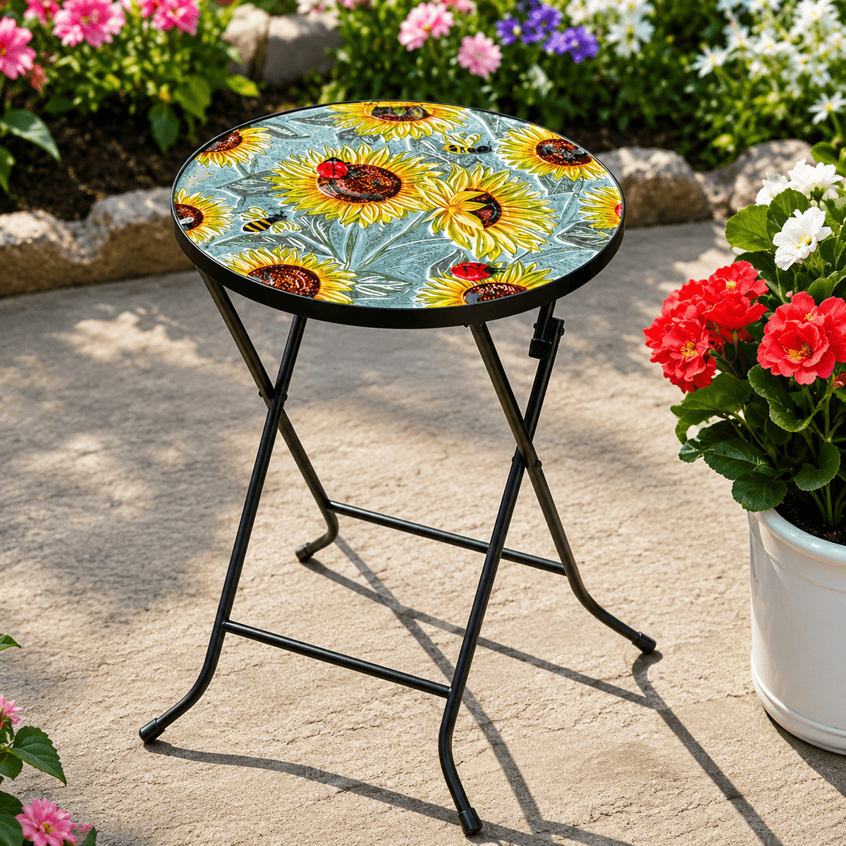 Hand painted sunflower glass garden side table with folding metal base
