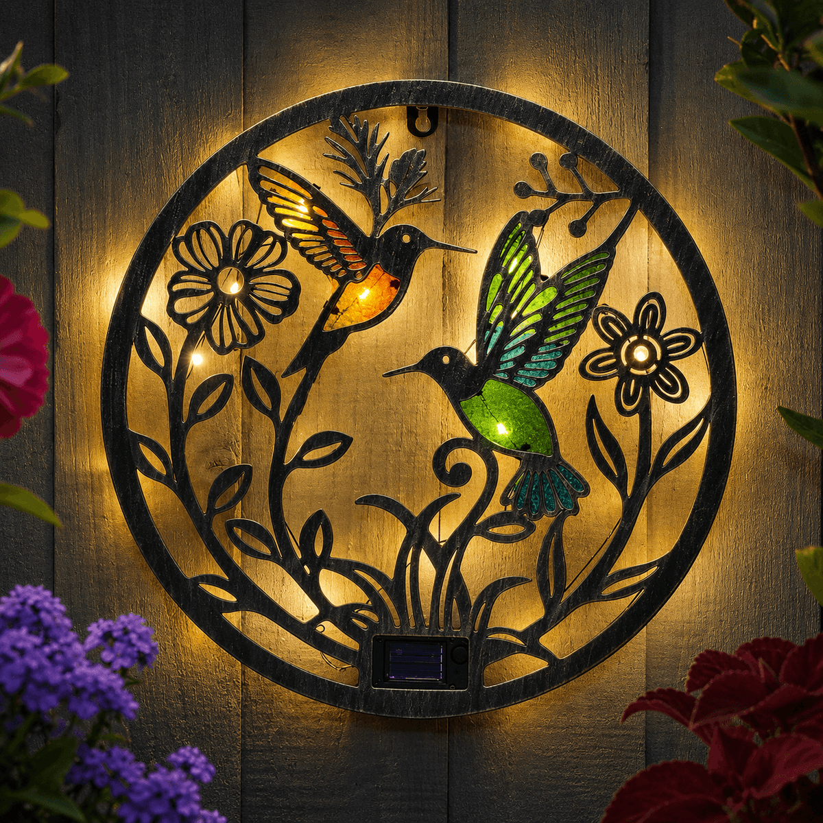 A circular metal garden wall light featuring two hummingbirds and flowers, illuminated with warm yellow light against a dark wood background. A small solar panel is attached at the bottom, and the piece is framed by garden foliage and flowers.