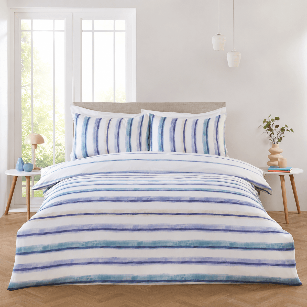 Horizon Blue Stripe Double Duvet Set