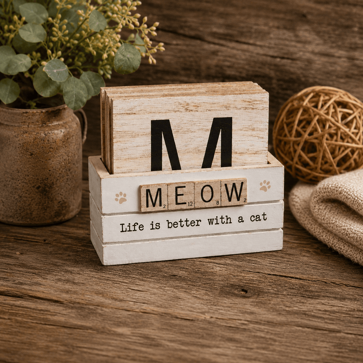 Cat themed wooden coaster set with six coasters and matching holder