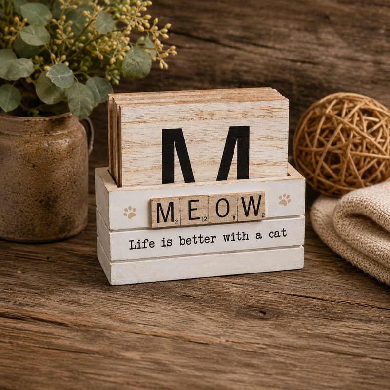 Cat Scrabble Coaster Set with Holder – Set of 6