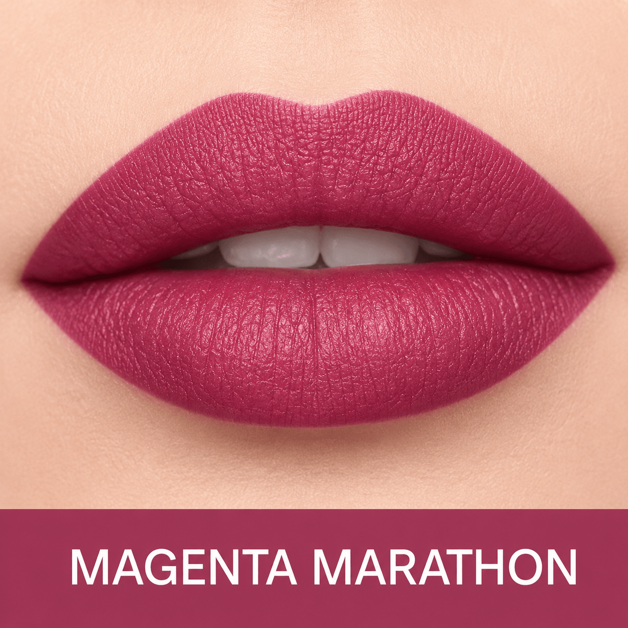 Close-up of lips wearing a matte magenta lipstick shade, with a text banner at the bottom reading 'MAGENTA MARATHON'.