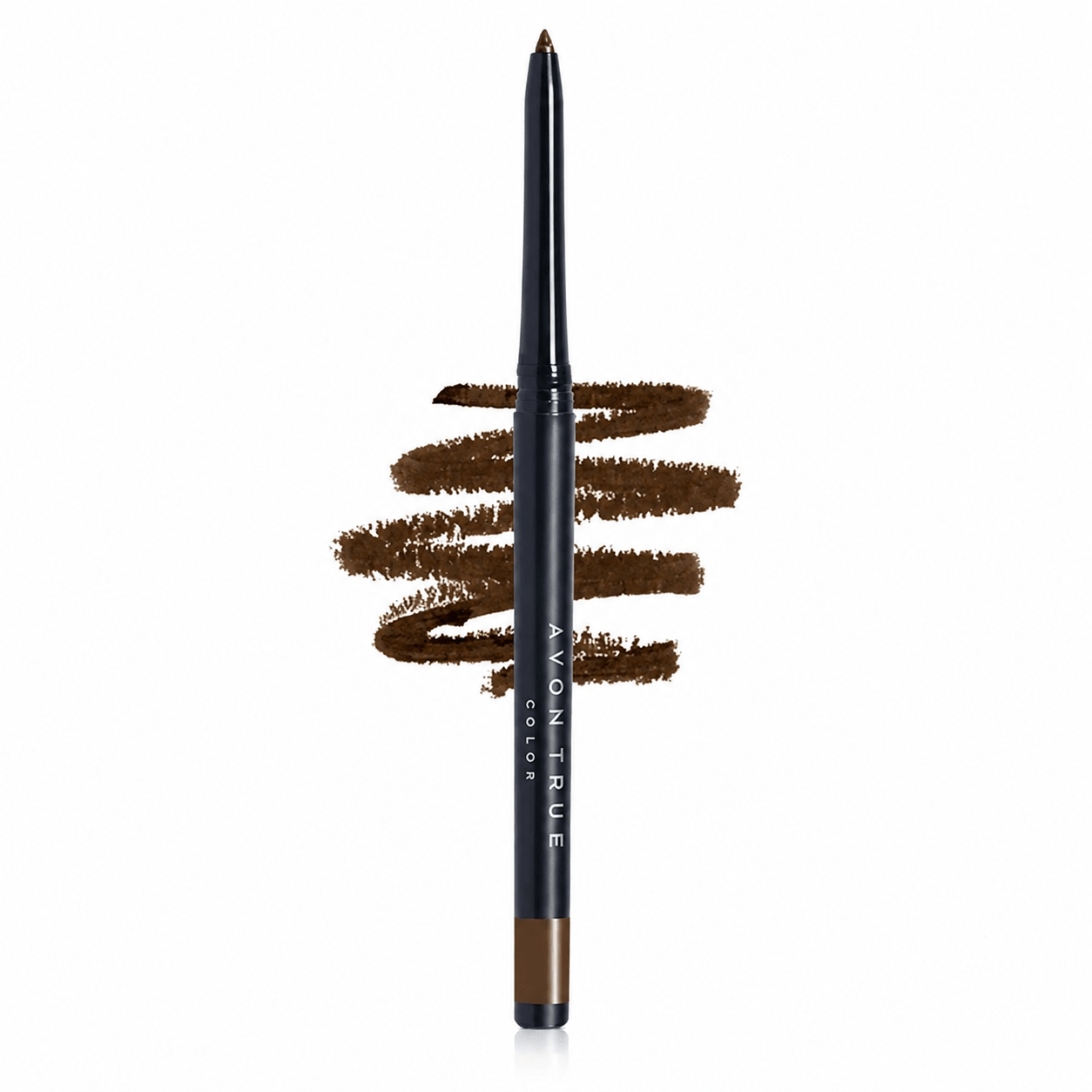 A single eyebrow pencil with a dark navy blue barrel and a brown tip, shown vertically with several brown eyebrow swatches behind it on a white background. The text 'AYON TRUE color' is visible on the pencil.