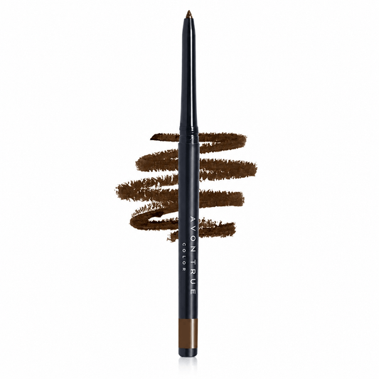 A single eyebrow pencil with a dark navy blue barrel and a brown tip, shown vertically with several brown eyebrow swatches behind it on a white background. The text 'AYON TRUE color' is visible on the pencil.
