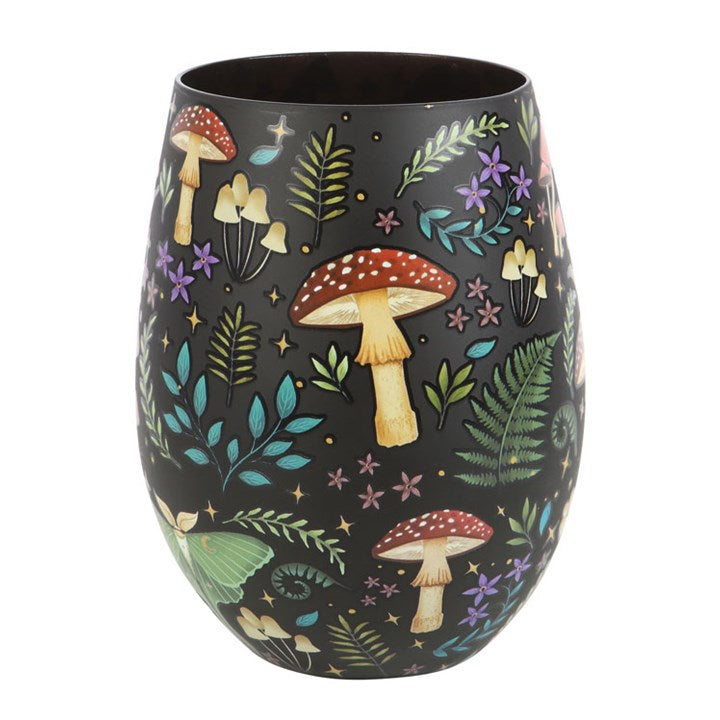 Dark Forest Print Stemless Glass featuring night forest whimsy with florals, toadstools and moonlit stars.