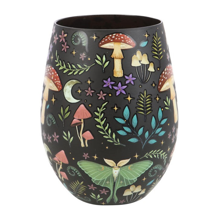 Dark Forest Print stemless glass featuring a night woodland scene with mushrooms, florals, luna moths, stars and moon.