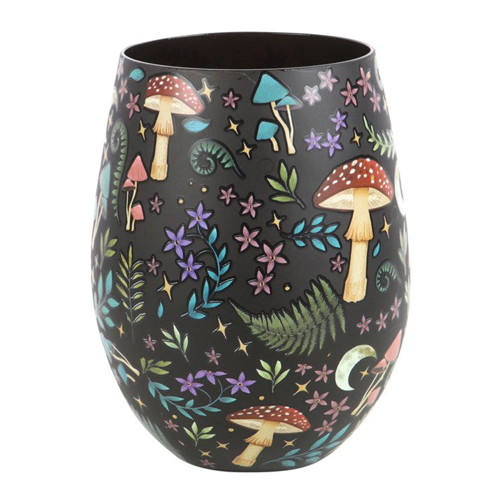 Dark Forest Print stemless glass with night forest scene, toadstools, florals, luna moths and stars.