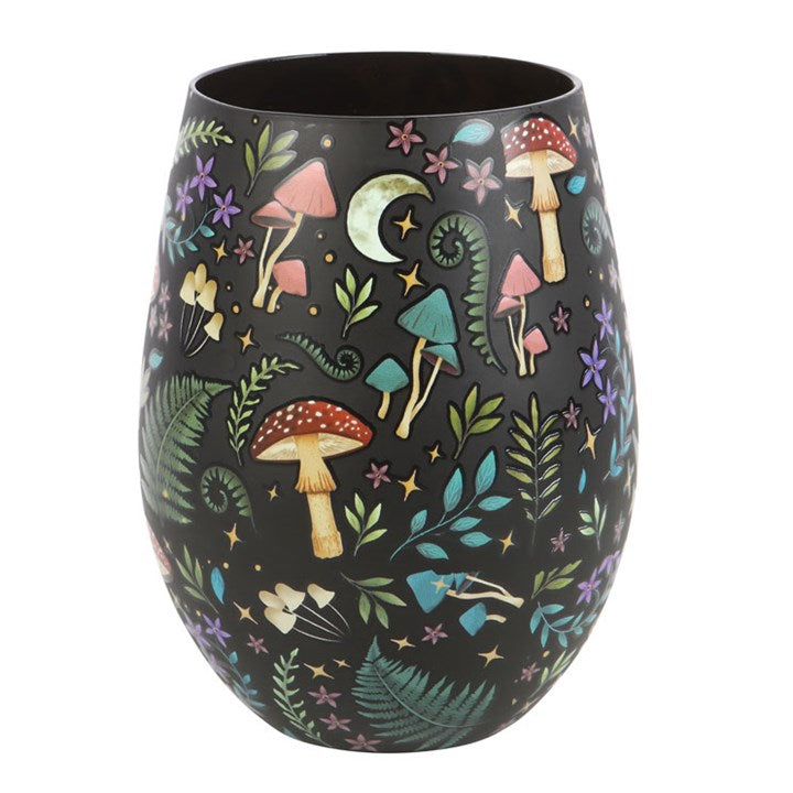 Dark Forest Print Stemless Glass featuring night woodland scene with toadstools, luna moths, florals and stars.