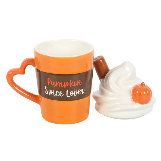 Pumpkin Spice Latte Shaped Lidded Mug orange ceramic mug with heart-shaped handle, whipped-cream lid, autumn gift.