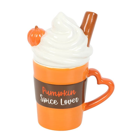 Pumpkin Spice Latte Shaped Lidded Mug - ceramic orange mug with whipped cream lid and pumpkin spice lover band.