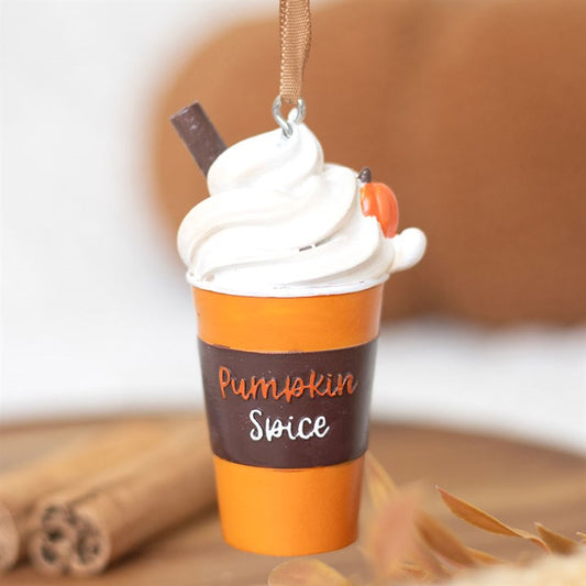 Pumpkin Spice Latte Hanging Ornament: orange ceramic mug with whipped cream and cinnamon stick.