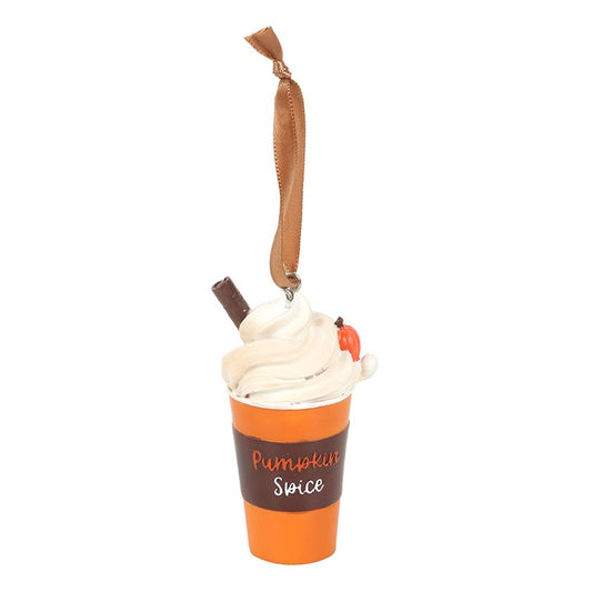 Pumpkin Spice Latte Hanging Ornament - a ceramic mug with whipped cream and chocolate stick, orange sleeve and ribbon.