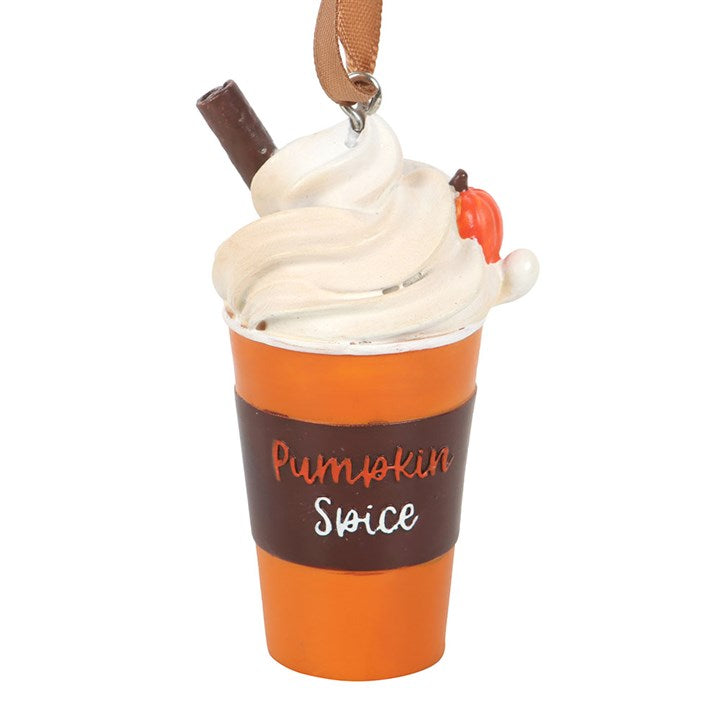 Pumpkin Spice Latte Hanging Ornament – ceramic mug with whipped cream, orange cup and brown band.